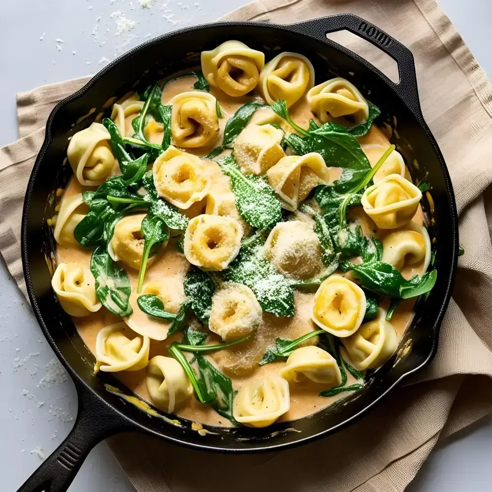 Cheesy Pepper Tortellini In A Pan With Cooked Greens