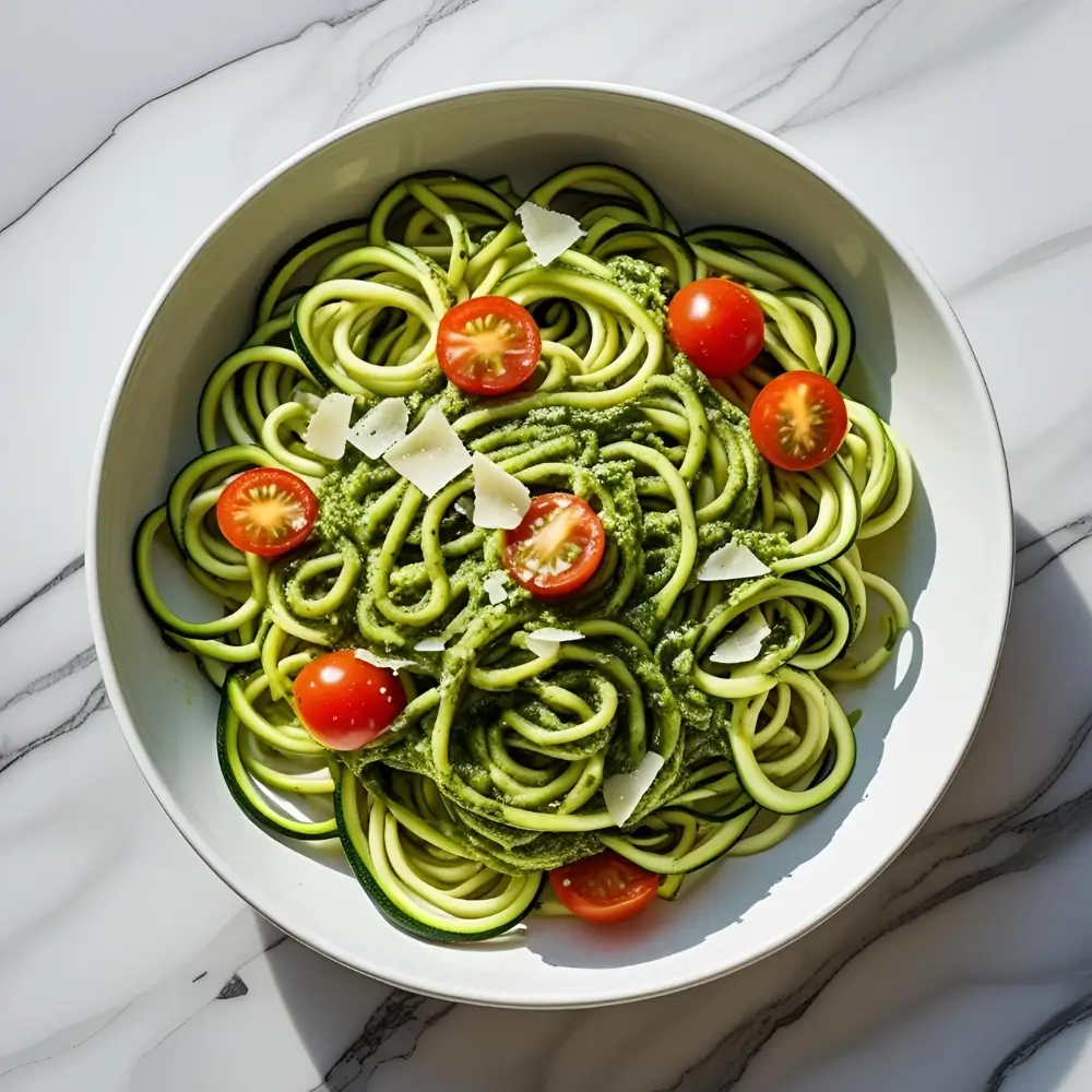 Zucchini Noodles With Pesto And Cherry Tomatoes