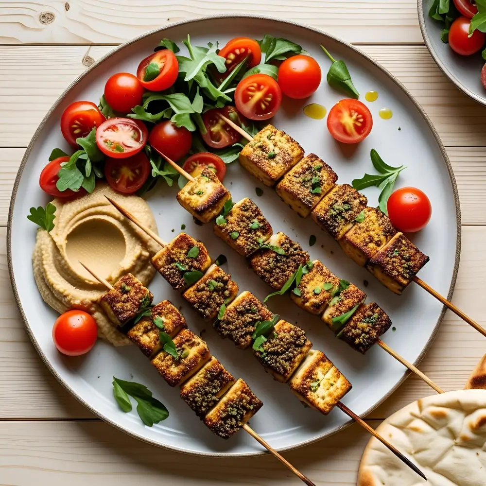 Za’atar Tofu Skewers With Tomato Salad & Hummus