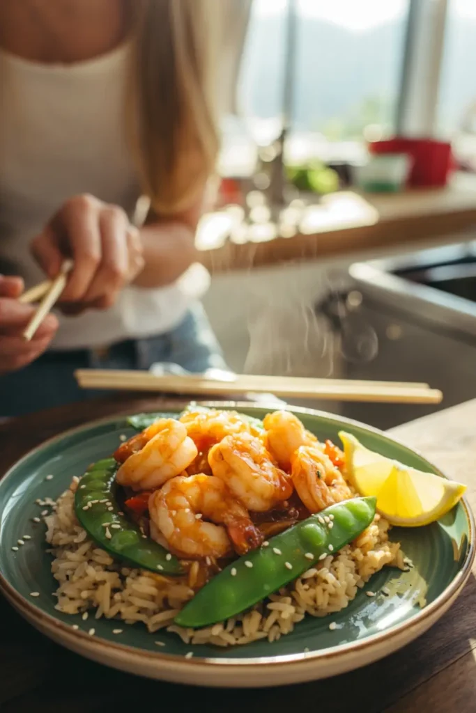 Honey Garlic Shrimp with Brown Rice and Lemon Snap Peas