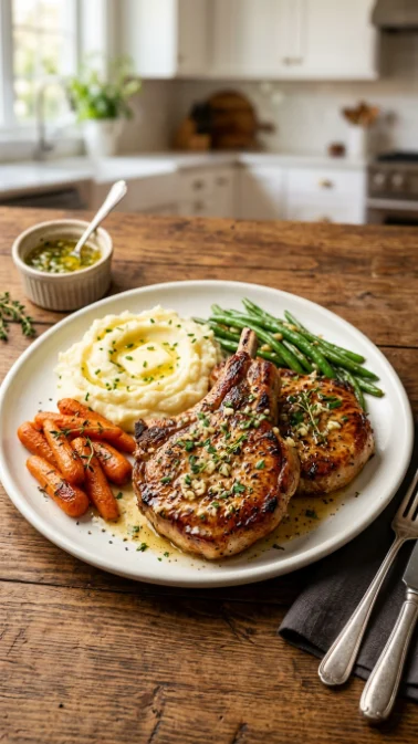 Juicy garlic butter pork chops served with creamy mashed potatoes, roasted carrots, and green beans on a white ceramic plate.